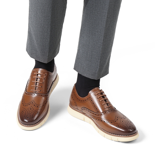 Men's Wide PU Leather Dress Sneakers - BROWN - 5